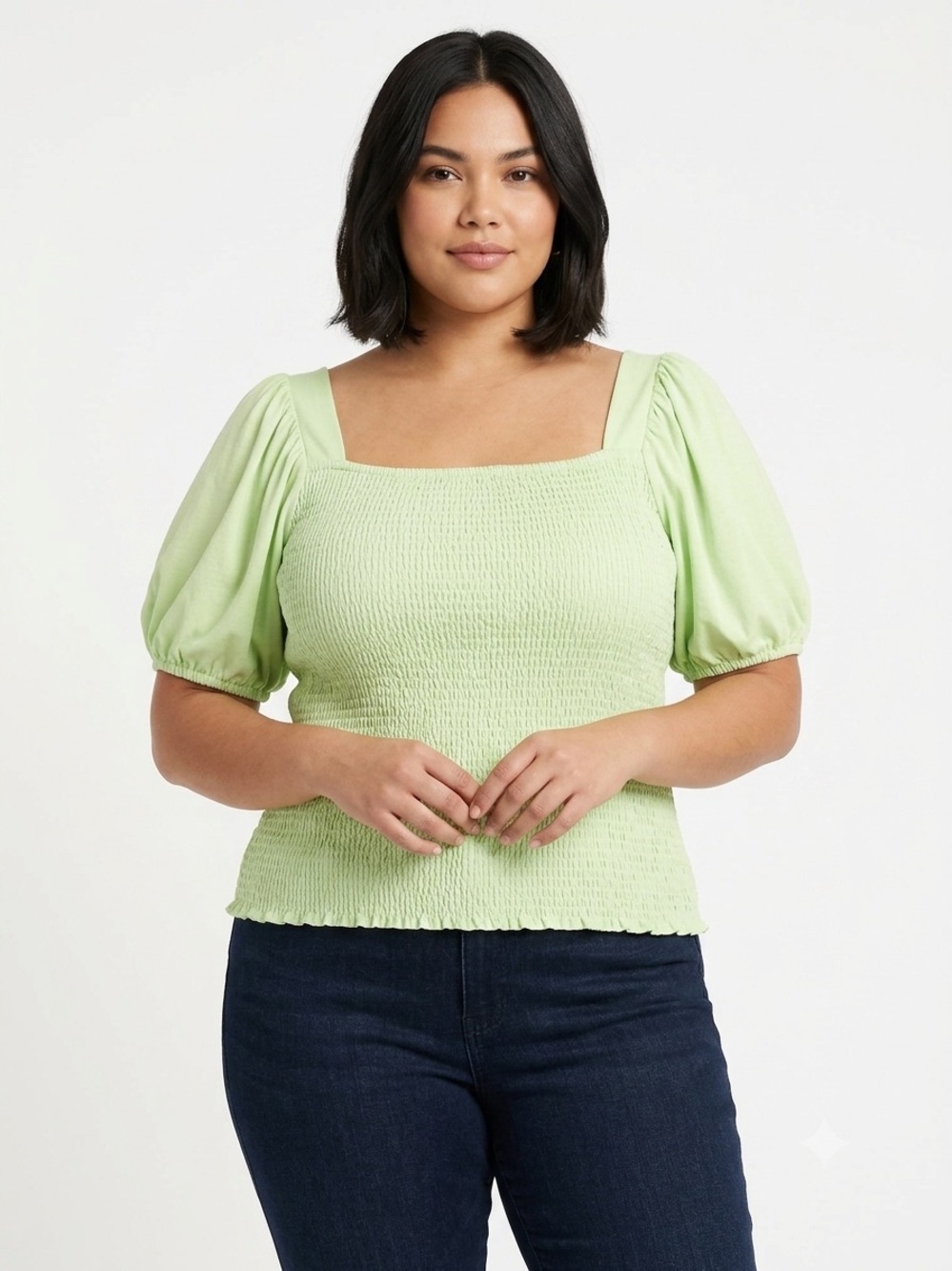Dora Landa NWT Pastel Green Smocked Square Neck Puff Sleeve Crop Top